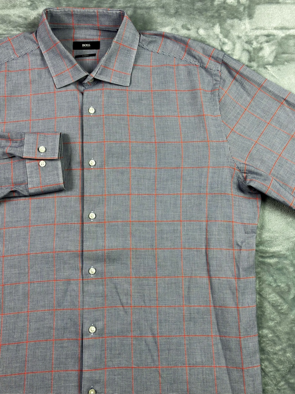 BOSS Hugo Boss Ismo Slim Fit Dress Shirt Mens 43/17 Blue Orange Windowpane Plaid